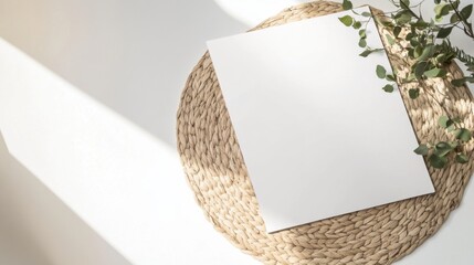 Poster - a minimalist setup featuring a blank sheet of paper on a woven placemat with natural lighting and gr