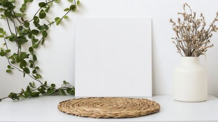 Poster - A minimalist interior scene featuring a blank canvas on a table, surrounded by greenery and a decorative vase with dried flowers.