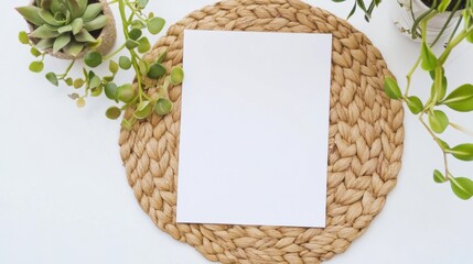Poster - A minimalist workspace featuring a blank sheet of paper on a woven placemat surrounded by potted plants.