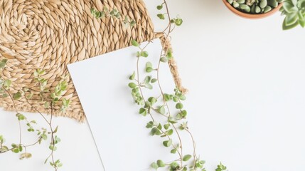 Poster - A minimalistic flat lay featuring a woven placemat, a blank sheet of paper, and trailing green plants in a casual, natural arrangement.