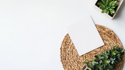 Poster - A minimalist flat lay featuring a blank card on a woven mat surrounded by succulents, creating a serene and natural ambiance.