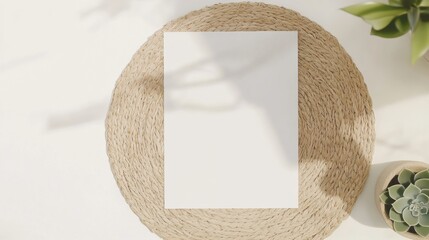 Poster - a minimalistic scene featuring a blank white paper placed on a woven mat, accompanied by a small suc