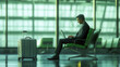 © banrak - Hyper-realistic airport scene of a businessman on a green chair, working on his laptop with a silver suitcase