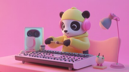 Poster - Playful panda producer working at a vibrant desk.