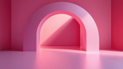 Poster - a minimalistic interior featuring a pink archway against a soft pink backdrop, illuminated by natura