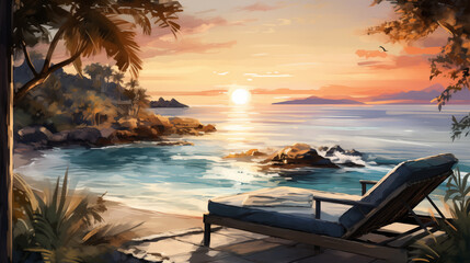 Fototapete - Tropical beach with clear turquoise waters and lush greenery under a bright sky. A serene and refreshing watercolor landscape illustration.