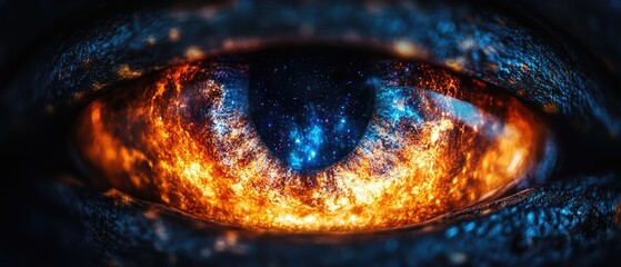 Wall Mural - intense eye with fire and space. a bright, orange fire surrounds a dark pupil filled with starlight