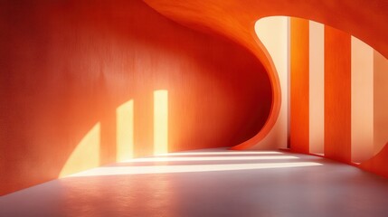 Poster - a vibrant, curvilinear interior space featuring warm orange hues and dynamic light patterns streamin
