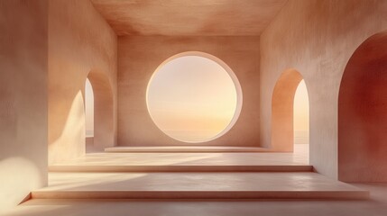 Poster - a serene interior space with soft, earthy tones, featuring circular windows and arches that create a
