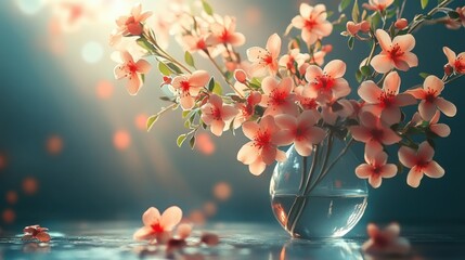 Poster - A serene arrangement of delicate pink flowers in a glass vase, illuminated by soft light, creating a tranquil and elegant atmosphere.