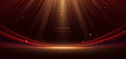 Wall Mural - abstract elegant red curved ray with gold lighting effect sparkle on dark red background.