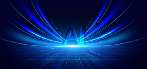 Poster - Scene technology futuristic glowing blue on dark blue background. AI, artificial intelligence concept communication, technology digital.