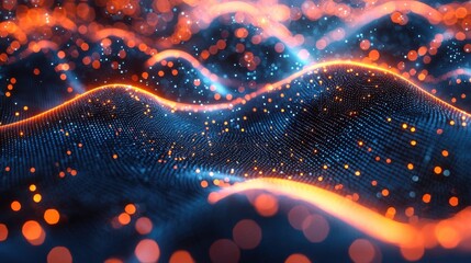 Poster - A vibrant, abstract depiction of waves adorned with glowing particles, creating a visually striking digital landscape.