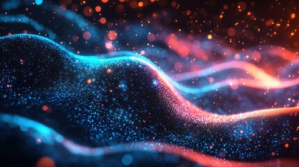 Poster - A vibrant, abstract wave of colors with luminous particles creating a dynamic visual effect, evoking a sense of energy and movement.