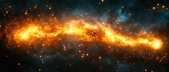 Wall Mural - glowing orange nebula with a trailing pattern against dark, dreamy blue cosmic dust
