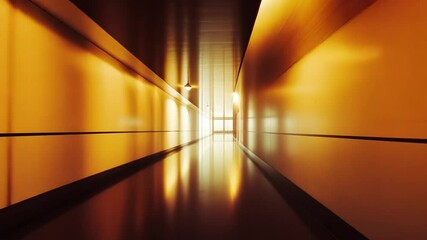Poster - Long, illuminated corridor with warm tones and reflections
