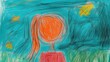 © Hungarian - Child's crayon drawing of a girl gazing at the night sky.