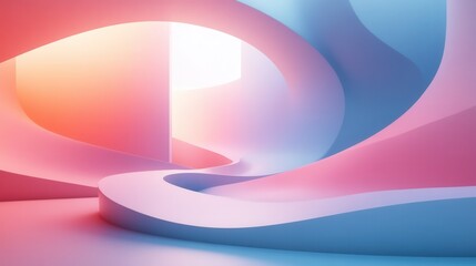 Poster - a vibrant, abstract space filled with flowing curves and soft gradients of pink and blue hues, creat