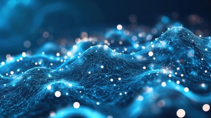Poster - A digital representation of dynamic waves, featuring luminous particles and interconnected nodes, symbolizing technology and data flow in a futuristic landscape.