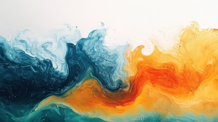 Poster - A vibrant abstract painting showcasing swirling colors of blue, orange, and yellow, creating a dynamic and fluid composition.