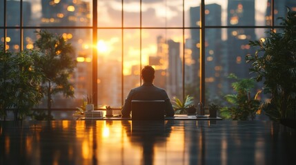Poster - A person sits at a desk, gazing out at a city skyline during sunset, surrounded by greenery in a modern office setting.