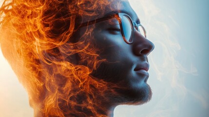 Poster - a striking image of a profile with flames and smoke blending into the hair, conveying intensity and 