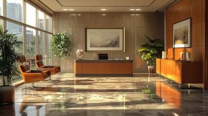 Poster - A modern office lobby with large windows, elegant furniture, and decorative plants, creating a welcoming and professional atmosphere.