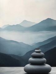 Poster - Stacked zen stones in front of misty mountains create a serene atmosphere of balance and tranquility in natures embrace