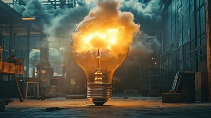 Poster - A striking light bulb surrounded by flames and smoke, set in an industrial environment, symbolizes creativity and explosive ideas.