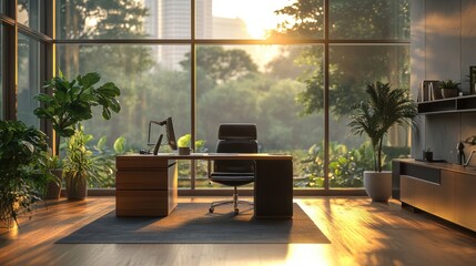Poster - a modern office space with large windows, filled with natural light and greenery, offering a serene 
