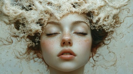Poster - a serene portrait of a woman submerged in water, with flowing hair and soft features, evoking a sens