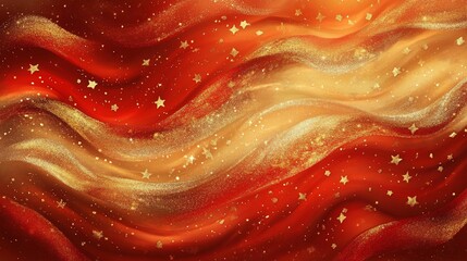 Aufkleber - Abstract Red and Gold Glittering Waves with Sparkling Star Accents