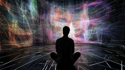 Poster - Immersive visualization of data streams, viewed by a contemplative figure.
