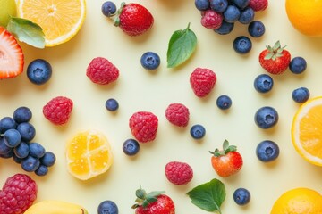 Poster - Vibrant fresh fruits and berries arranged beautifully on a soft pastel background in a clean minimal style