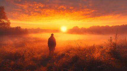 Poster - A serene sunrise casts a warm glow over a misty landscape, with a silhouette of a person standing in the foreground, creating a tranquil atmosphere.