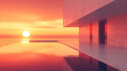 Poster - A modern architectural structure reflecting in calm waters under a vibrant sunset, creating a serene and luxurious atmosphere.
