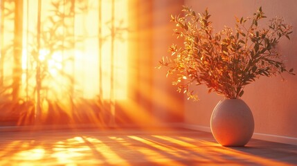Poster - A serene interior scene featuring a vase of flowers illuminated by warm sunlight, casting beautiful shadows on the floor.