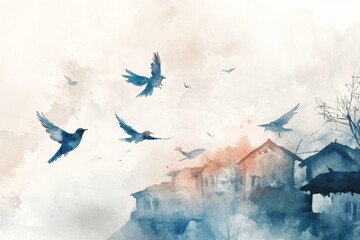 Aufkleber - Watercolor depiction of birds soaring above a tranquil village with dreamy Lapki vibes at dusk