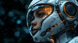 Futuristic Astronaut Woman Gazes into Space, Digital Art, Sci-Fi Helmet, 3D Render, Glowing Lights