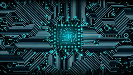 Poster - Glowing turquoise circuit board pattern on black background, depicting modern technology, networks, computers, and data transmission.