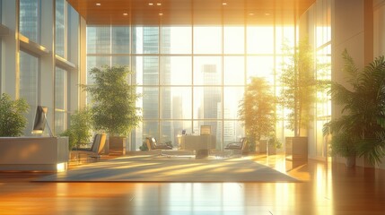 Poster - a bright and modern office space with large windows, greenery, and a warm wooden floor, creating a s