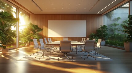 Poster - A modern conference room bathed in sunlight, featuring a large table, ergonomic chairs, and lush greenery in a stylish setting.
