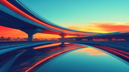 Poster - A stunning sunset reflection over modern highways, showcasing vibrant colors and sleek architecture in a serene landscape.