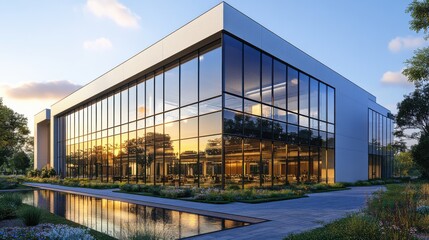 Poster - A modern glass building reflecting sunset, surrounded by greenery and a tranquil water feature, showcasing contemporary architecture.