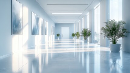 Poster - a bright, modern hallway featuring large windows, sleek marble flooring, and decorative plants, crea