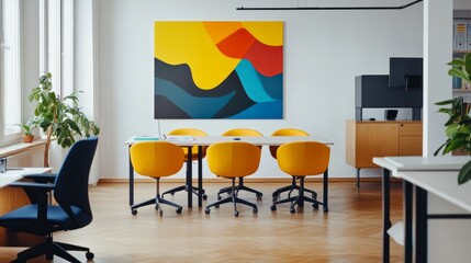 Poster - Artistic office scene with bold wall art, vivid yellow chairs, and functional yet stylish furniture on a white background