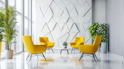 Leinwandbilder - Bright and modern creative office with yellow chairs and vivid geometric wall decor on a clean white backdrop