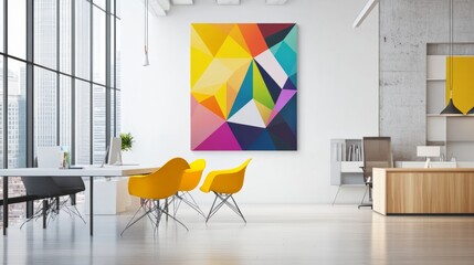 Poster - Colorful office interior with modern furniture, yellow chairs, and dynamic geometric artwork on crisp white walls