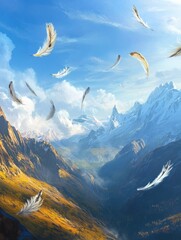 Aufkleber - Floating feathers dance in the clear sky over soft mountains in Lapki fantasy landscape