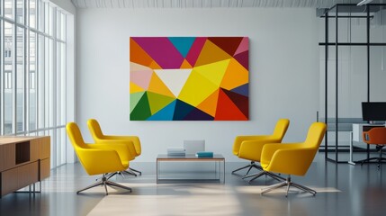 Poster - Colorful office interior with modern furniture, yellow chairs, and dynamic geometric artwork on crisp white walls